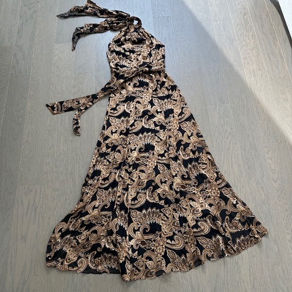 Alice + Olivia DITA Black Gold Spring Paisley Maxi Dress Halter Belt - Size 2 - Picture 2 of 11